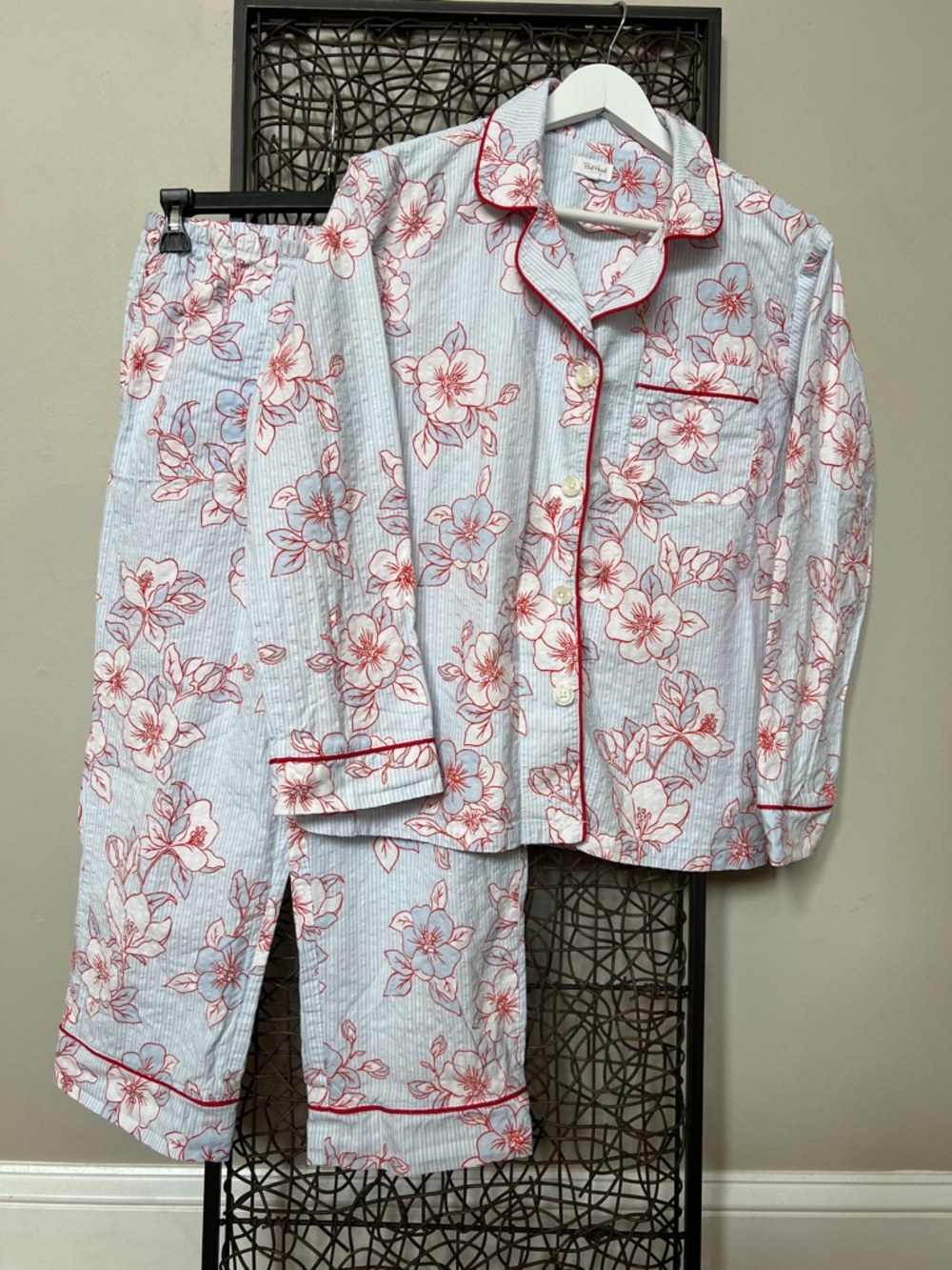 BedHead Organic Cotton Red White Blue Pinstripe Floral Pajama Set S